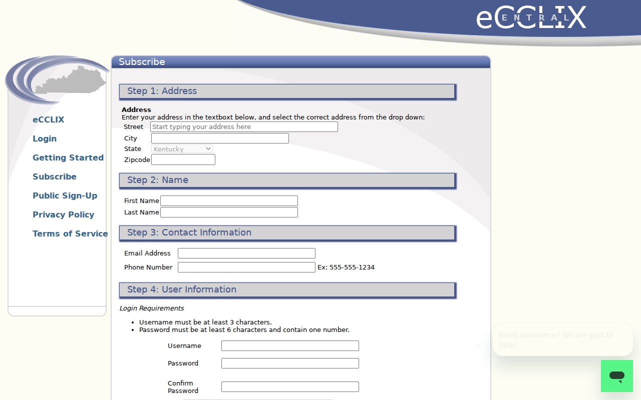 Jessamine County eCCLIX signup screen for Nicholasville address history