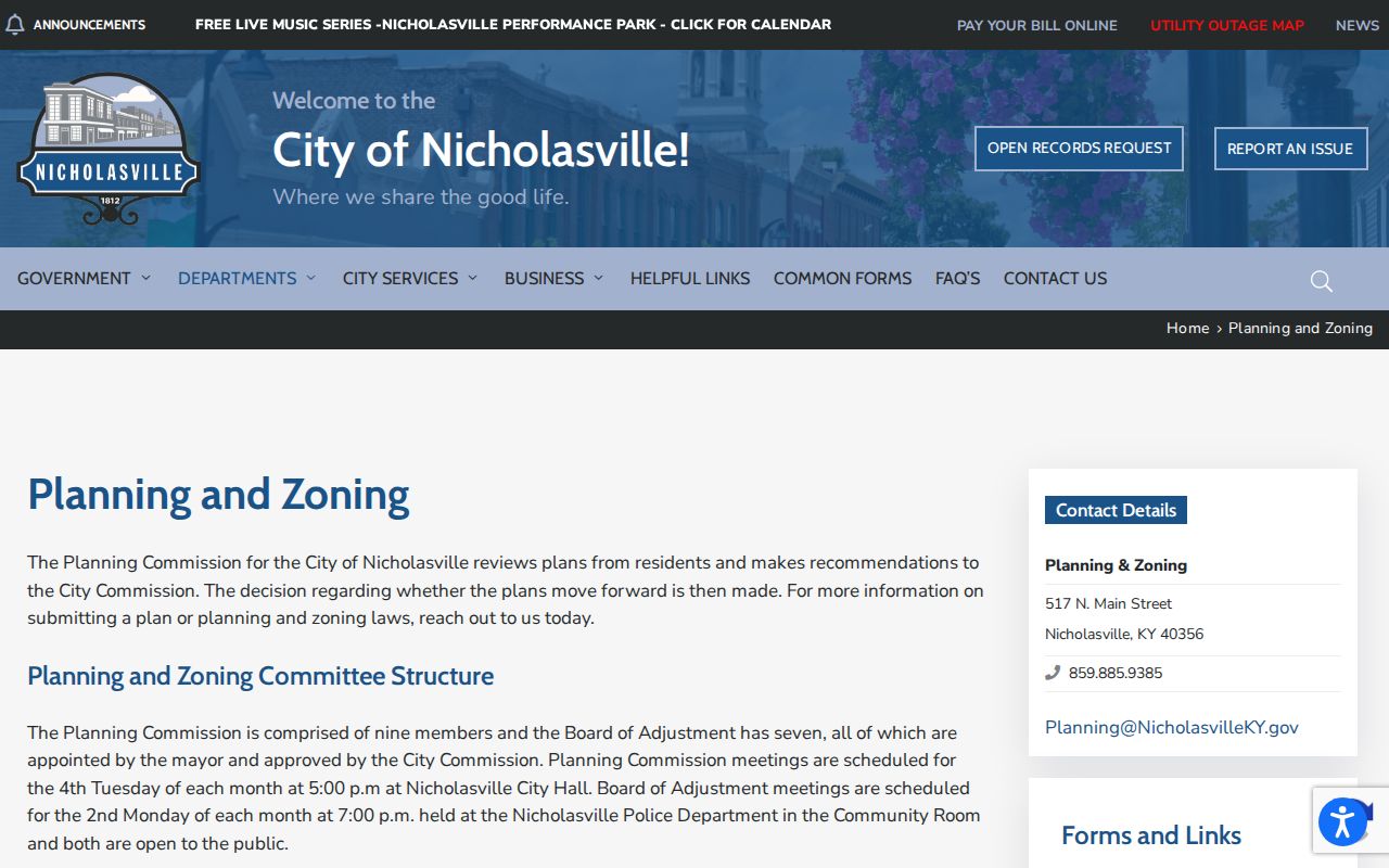 Nicholasville street directory planning and zoning records page